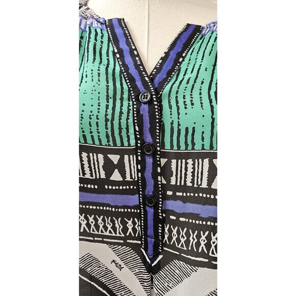 Hale Bob Blue Green Geometric, Sheer 100% Silk Tunic Top, Size Small 4 6‎ - Picture 2 of 4